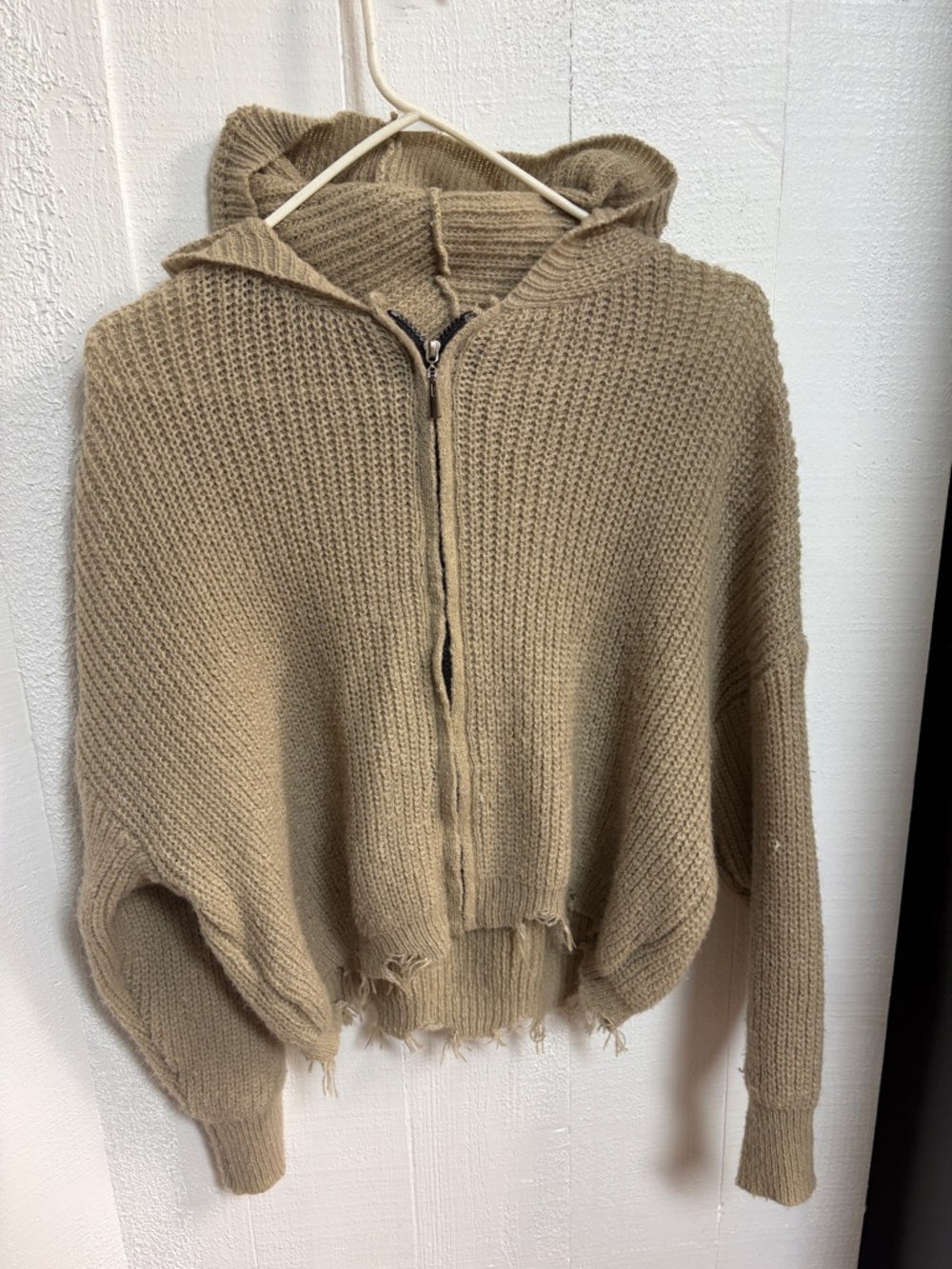 Cozy Hooded Zip-Front Sweater in Tan